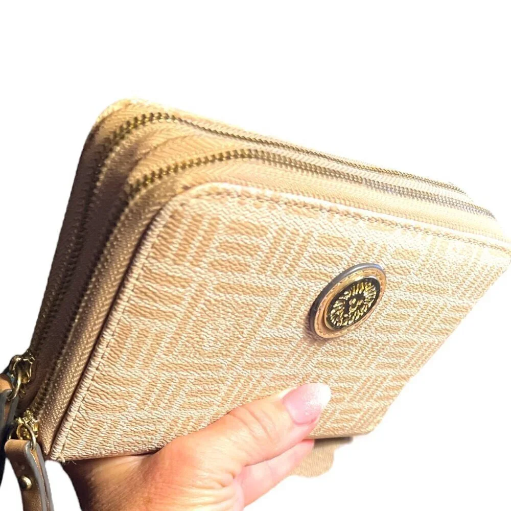 Anne Klein Designer Zip Around Neutral Tan Wallet w/Gold Lion Head Logo Emblem
